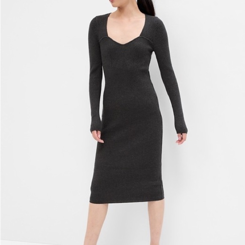 Gap Black Variegated Rib Sweetheart Neckline Midi Knit Dress